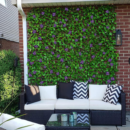 Expandable Fence Privacy Screen for Balcony Patio Outdoor,Decorative Faux Ivy Fencing Panel,Artificial Hedges (Single Sided Leaves) (1, Purple Flowers).