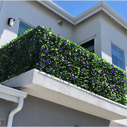 Expandable Fence Privacy Screen for Balcony Patio Outdoor,Decorative Faux Ivy Fencing Panel,Artificial Hedges (Single Sided Leaves) (1, Purple Flowers).