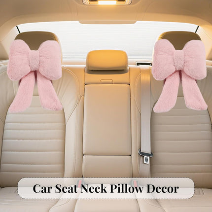 2 Pack Bow Car Headrest Pillows Plush Neck Pillows for Travel Driving Office Chair Head Support Cushions, Also Cute Car Decor Accessories for Women (Pink).