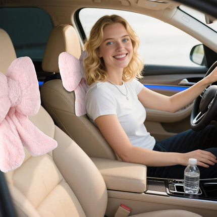2 Pack Bow Car Headrest Pillows Plush Neck Pillows for Travel Driving Office Chair Head Support Cushions, Also Cute Car Decor Accessories for Women (Pink).