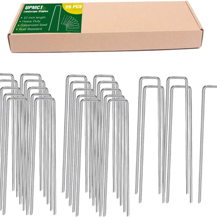12 Inch Galvanized Garden Landscape Staples Stakes, 25 50 100 PCS Anti-Rust Garden Staples Tent Ground Stakes U-Shaped Landscape Pins for Secure Lawn Fabric, Decoration (25, 12 Inch).