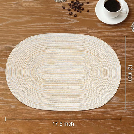 Oval Braided Placemats Set of 6 Woven 12x17.5 Inch Non Slip Washable Heat Resistant Place Mats Round Tablemats for Dining Kitchen Party Daily Table Decor Dinner Mats (Beige, 6).