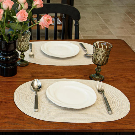 Oval Braided Placemats Set of 6 Woven 12x17.5 Inch Non Slip Washable Heat Resistant Place Mats Round Tablemats for Dining Kitchen Party Daily Table Decor Dinner Mats (Beige, 6).