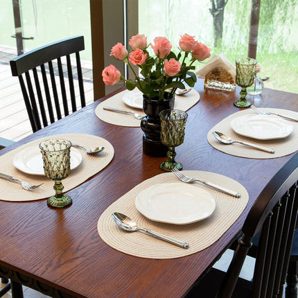 Oval Braided Placemats Set of 6 Woven 12x17.5 Inch Non Slip Washable Heat Resistant Place Mats Round Tablemats for Dining Kitchen Party Daily Table Decor Dinner Mats (Beige, 6).