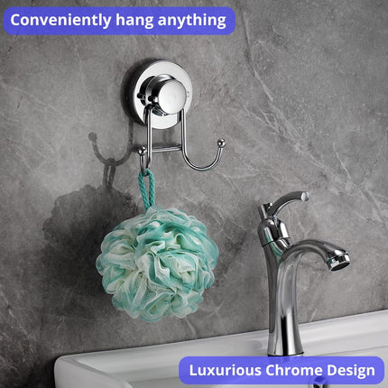 Suction Cup Hooks for Shower, Bathroom, Kitchen, Glass Door, Mirror, Tile – Loofah, Towel, Coat, Bath Robe Hook Holder for Hanging up to 15 lbs – Rustproof Chrome Stainless Steel (2-Pack).