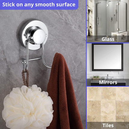 Suction Cup Hooks for Shower, Bathroom, Kitchen, Glass Door, Mirror, Tile – Loofah, Towel, Coat, Bath Robe Hook Holder for Hanging up to 15 lbs – Rustproof Chrome Stainless Steel (2-Pack).