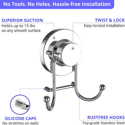 Suction Cup Hooks for Shower, Bathroom, Kitchen, Glass Door, Mirror, Tile – Loofah, Towel, Coat, Bath Robe Hook Holder for Hanging up to 15 lbs – Rustproof Chrome Stainless Steel (2-Pack).