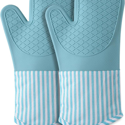 Silicone Oven Mitts, Heat Resistant Oven Gloves with Quilted Liner, Waterproof & Non-Slip Kitchen Mittens for Baking Cooking BBQ, 500°F, 13.5"-Nordic Blue.