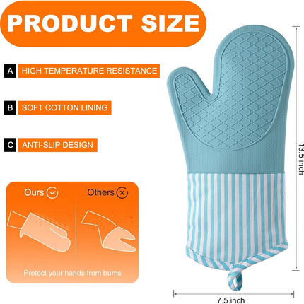 Silicone Oven Mitts, Heat Resistant Oven Gloves with Quilted Liner, Waterproof & Non-Slip Kitchen Mittens for Baking Cooking BBQ, 500°F, 13.5"-Nordic Blue.