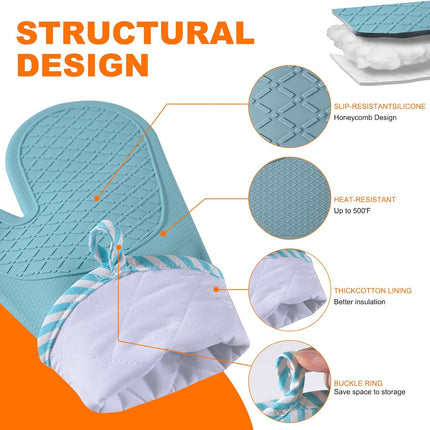 Silicone Oven Mitts, Heat Resistant Oven Gloves with Quilted Liner, Waterproof & Non-Slip Kitchen Mittens for Baking Cooking BBQ, 500°F, 13.5"-Nordic Blue.