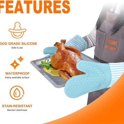 Silicone Oven Mitts, Heat Resistant Oven Gloves with Quilted Liner, Waterproof & Non-Slip Kitchen Mittens for Baking Cooking BBQ, 500°F, 13.5"-Nordic Blue.