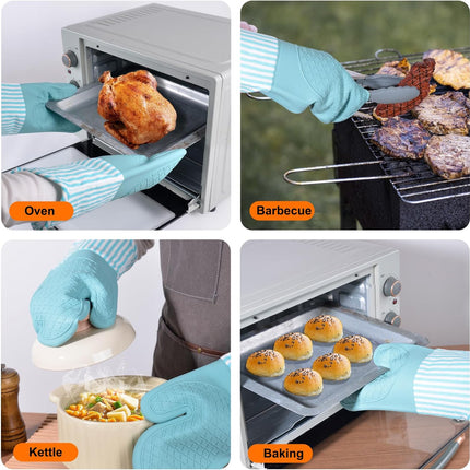Silicone Oven Mitts, Heat Resistant Oven Gloves with Quilted Liner, Waterproof & Non-Slip Kitchen Mittens for Baking Cooking BBQ, 500°F, 13.5"-Nordic Blue.