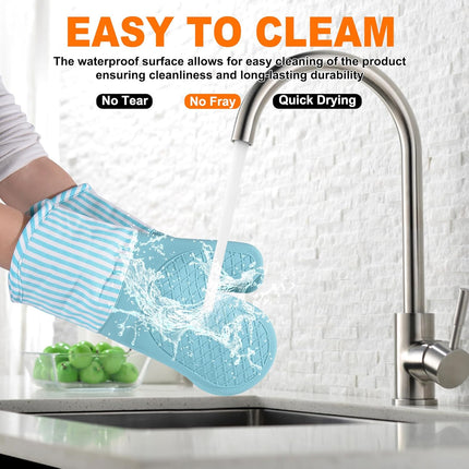 Silicone Oven Mitts, Heat Resistant Oven Gloves with Quilted Liner, Waterproof & Non-Slip Kitchen Mittens for Baking Cooking BBQ, 500°F, 13.5"-Nordic Blue.