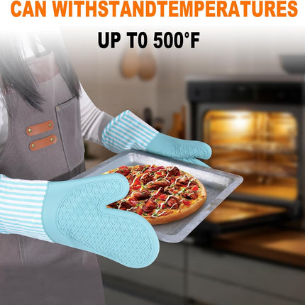 Silicone Oven Mitts, Heat Resistant Oven Gloves with Quilted Liner, Waterproof & Non-Slip Kitchen Mittens for Baking Cooking BBQ, 500°F, 13.5"-Nordic Blue.