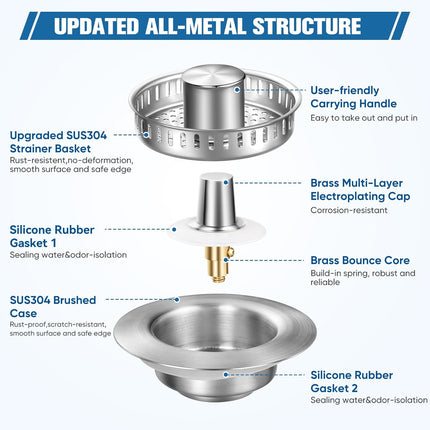 Sink Drain Strainer Kitchen Sink Drain Strainer&Sink Stopper,Stainless Steel Pop up Sink Drain Strainer,Anti-Clogging Basket Strainer,High Durability with Brass Core,Fit 3-1/2",Chrome.