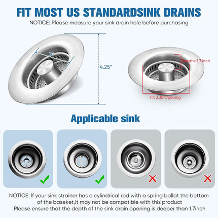 Sink Drain Strainer Kitchen Sink Drain Strainer&Sink Stopper,Stainless Steel Pop up Sink Drain Strainer,Anti-Clogging Basket Strainer,High Durability with Brass Core,Fit 3-1/2",Chrome.