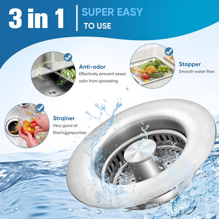 Sink Drain Strainer Kitchen Sink Drain Strainer&Sink Stopper,Stainless Steel Pop up Sink Drain Strainer,Anti-Clogging Basket Strainer,High Durability with Brass Core,Fit 3-1/2",Chrome.