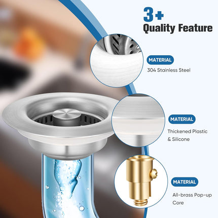 Sink Drain Strainer Kitchen Sink Drain Strainer&Sink Stopper,Stainless Steel Pop up Sink Drain Strainer,Anti-Clogging Basket Strainer,High Durability with Brass Core,Fit 3-1/2",Chrome.
