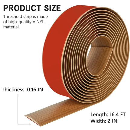 16.4Ft Floor Transition Strip Self Adhesive Vinyl Cover Floor Strip Flat Divider Transition Strip Wood Grain Design for Laminate Floor Gaps and Doorway Transitions (16.4Ft x 2 Inch, Light Brown).