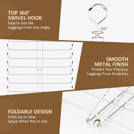 Legging Organizer for Closet, 2 Pack Rotatable Yoga Pants Hanger for Women's XS-XL and Girls' Leggings, Holds Up to 40 Pairs, Space-Saving Closet Organizers and Storage, Silver.