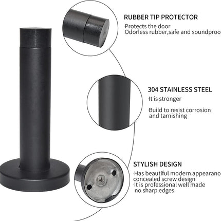DOKU 10Pcs Door Stop, 3.5 Inch Heavy Duty 304 Stainless Steel Door Stopper with Rubber Tips Bumper, Wall Mounted Door Holder Protection Sound Dampening, Matte Black.