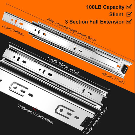 14 inch Drawer Slides 4 Pairs (8pcs) 3 fold Full Extension Side Mount Cabinet Drawer Glides 14" Silver Cabinet Rails for Dresser, Cabinet, Kitchen,Trash Can, Wardrobe 100 LB Capacity.