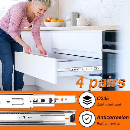 14 inch Drawer Slides 4 Pairs (8pcs) 3 fold Full Extension Side Mount Cabinet Drawer Glides 14" Silver Cabinet Rails for Dresser, Cabinet, Kitchen,Trash Can, Wardrobe 100 LB Capacity.
