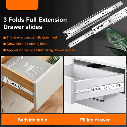 14 inch Drawer Slides 4 Pairs (8pcs) 3 fold Full Extension Side Mount Cabinet Drawer Glides 14" Silver Cabinet Rails for Dresser, Cabinet, Kitchen,Trash Can, Wardrobe 100 LB Capacity.
