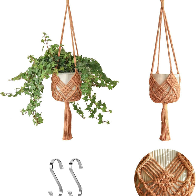 Hanging Planter with Patterns,2Packs Macrame Plant Hangers Indoor Macrame for up to 8 inch Pot Crochet Boho Plant Hanger Holder for Indoor Outdoor with 2S Shaped Stainless Steel Hooks (Caramel).