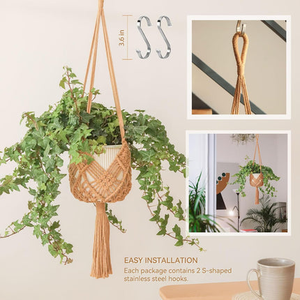 Hanging Planter with Patterns,2Packs Macrame Plant Hangers Indoor Macrame for up to 8 inch Pot Crochet Boho Plant Hanger Holder for Indoor Outdoor with 2S Shaped Stainless Steel Hooks (Caramel).