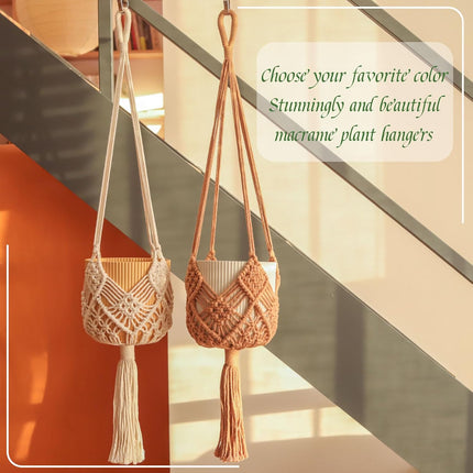 Hanging Planter with Patterns,2Packs Macrame Plant Hangers Indoor Macrame for up to 8 inch Pot Crochet Boho Plant Hanger Holder for Indoor Outdoor with 2S Shaped Stainless Steel Hooks (Caramel).