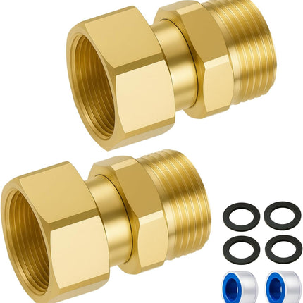 2 Pack Garden Hose Swivel Connector, 3/4" GHT Brass Swivel Hose Connector, 360° Male to Female Hose Adapter, Anti-Kink Garden Hose Fittings, No-Leak Design with Washer and PTFE Tape.