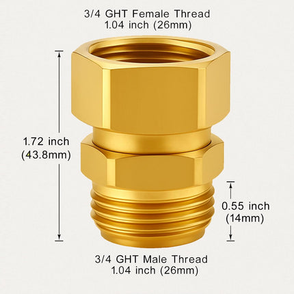 2 Pack Garden Hose Swivel Connector, 3/4" GHT Brass Swivel Hose Connector, 360° Male to Female Hose Adapter, Anti-Kink Garden Hose Fittings, No-Leak Design with Washer and PTFE Tape.