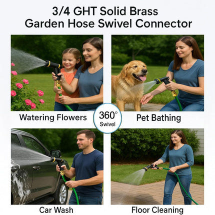 2 Pack Garden Hose Swivel Connector, 3/4" GHT Brass Swivel Hose Connector, 360° Male to Female Hose Adapter, Anti-Kink Garden Hose Fittings, No-Leak Design with Washer and PTFE Tape.
