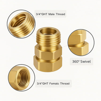 2 Pack Garden Hose Swivel Connector, 3/4" GHT Brass Swivel Hose Connector, 360° Male to Female Hose Adapter, Anti-Kink Garden Hose Fittings, No-Leak Design with Washer and PTFE Tape.