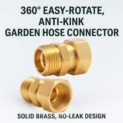 2 Pack Garden Hose Swivel Connector, 3/4" GHT Brass Swivel Hose Connector, 360° Male to Female Hose Adapter, Anti-Kink Garden Hose Fittings, No-Leak Design with Washer and PTFE Tape.