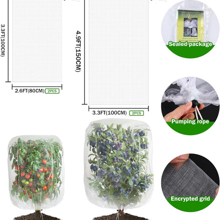 4 Pack Garden Mesh Netting for Plants 2.6x3.3ft - 3.3x4.9ft Insect Bird Netting Pest Barrier Bag with Drawstring 2 Size Fruits Tree Blueberry Bush Netting Cover Bag Protection for Vegetables Tomato.