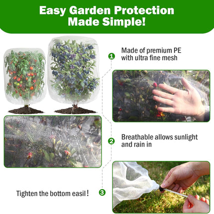 4 Pack Garden Mesh Netting for Plants 2.6x3.3ft - 3.3x4.9ft Insect Bird Netting Pest Barrier Bag with Drawstring 2 Size Fruits Tree Blueberry Bush Netting Cover Bag Protection for Vegetables Tomato.