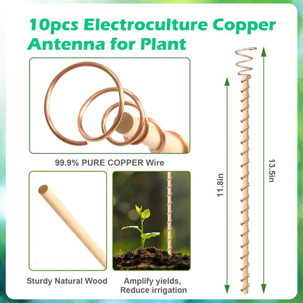 10pcs Electroculture Plant Stakes, 13.5''/17" Available Copper Coil Wire Antennas Garden Stakes, Tensor Rings Kit, Copper Rods Electronic Planting for Growing Vegetable Garden Plants Support.