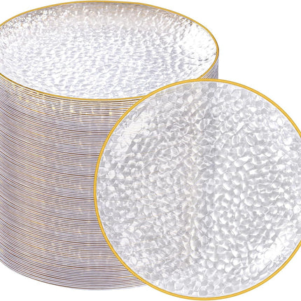 100 Pack Clear Gold Plastic Dessert Plates, 6Inch Clear Gold Small Appetizer Plates With Hammered, Heavy Duty Disposable Salad Plate, Elegant Cake Platos for Wedding, Birthday, Teatime.