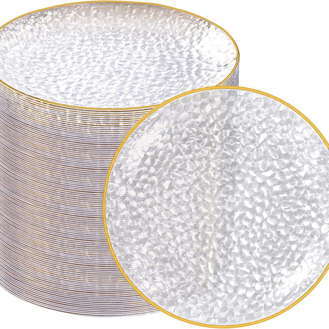 100 Pack Clear Gold Plastic Dessert Plates, 6Inch Clear Gold Small Appetizer Plates With Hammered, Heavy Duty Disposable Salad Plate, Elegant Cake Platos for Wedding, Birthday, Teatime.
