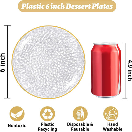 100 Pack Clear Gold Plastic Dessert Plates, 6Inch Clear Gold Small Appetizer Plates With Hammered, Heavy Duty Disposable Salad Plate, Elegant Cake Platos for Wedding, Birthday, Teatime.