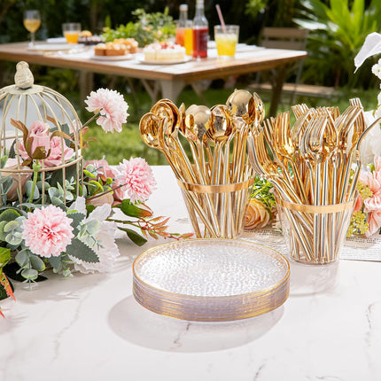 100 Pack Clear Gold Plastic Dessert Plates, 6Inch Clear Gold Small Appetizer Plates With Hammered, Heavy Duty Disposable Salad Plate, Elegant Cake Platos for Wedding, Birthday, Teatime.