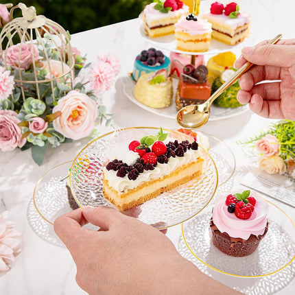 100 Pack Clear Gold Plastic Dessert Plates, 6Inch Clear Gold Small Appetizer Plates With Hammered, Heavy Duty Disposable Salad Plate, Elegant Cake Platos for Wedding, Birthday, Teatime.