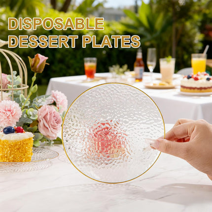 100 Pack Clear Gold Plastic Dessert Plates, 6Inch Clear Gold Small Appetizer Plates With Hammered, Heavy Duty Disposable Salad Plate, Elegant Cake Platos for Wedding, Birthday, Teatime.