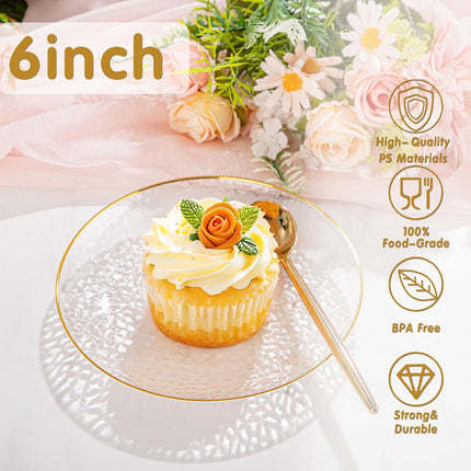100 Pack Clear Gold Plastic Dessert Plates, 6Inch Clear Gold Small Appetizer Plates With Hammered, Heavy Duty Disposable Salad Plate, Elegant Cake Platos for Wedding, Birthday, Teatime.