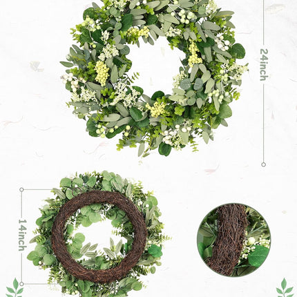 24-26 Inch Artificial Spring Summer Greenery Christmas Wreaths for Front Door Green Eucalyptus Leaf Wreath Decor Boxwood with Big Berries for Farmhouse Outside Year Round.