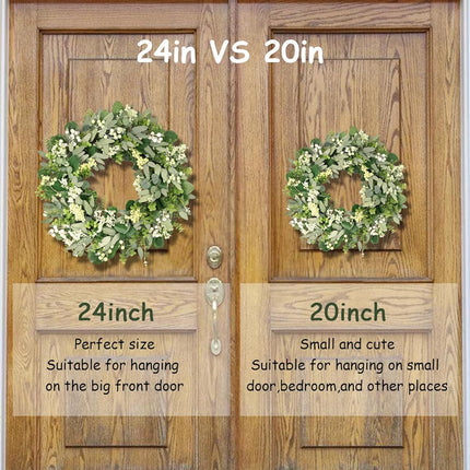 24-26 Inch Artificial Spring Summer Greenery Christmas Wreaths for Front Door Green Eucalyptus Leaf Wreath Decor Boxwood with Big Berries for Farmhouse Outside Year Round.