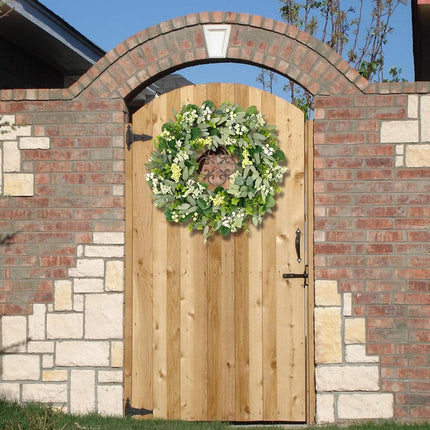 24-26 Inch Artificial Spring Summer Greenery Christmas Wreaths for Front Door Green Eucalyptus Leaf Wreath Decor Boxwood with Big Berries for Farmhouse Outside Year Round.