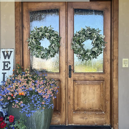 24-26 Inch Artificial Spring Summer Greenery Christmas Wreaths for Front Door Green Eucalyptus Leaf Wreath Decor Boxwood with Big Berries for Farmhouse Outside Year Round.